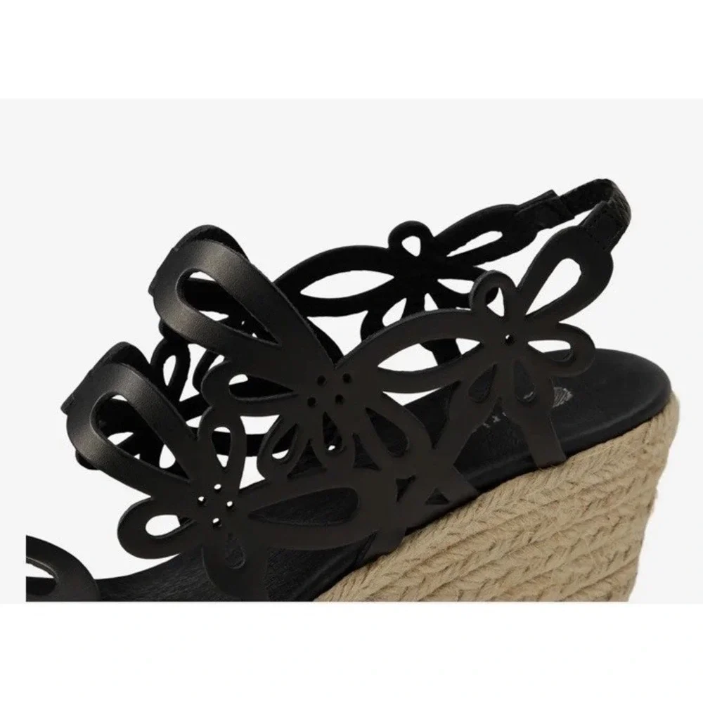 Eric Michael Jillian‎ Black Floral Leather Upper Rope Wedge Heels 9/9.5 EU40 EUC